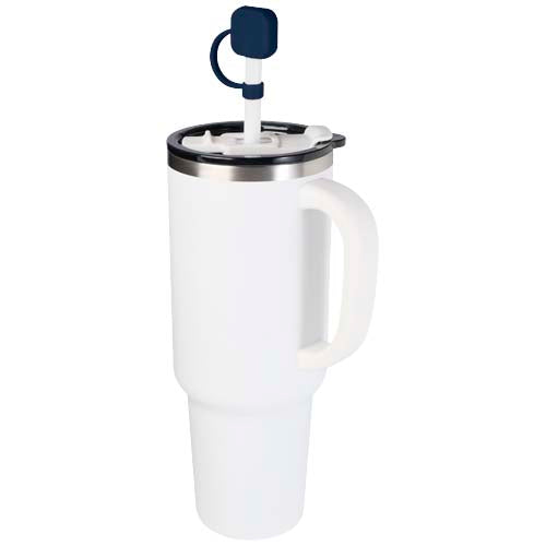 Weiße Silikon Trinkhalm Abdeckung, individuell bedruckbar, auf Becher; Werbeartikel von Signalshop.de