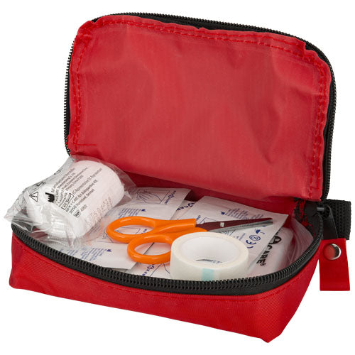 Rotes Save-me Erste-Hilfe-Set von Signalshop.de, individuell bedruckbar, enthält 19 Teile, ideal als Werbeartikel.