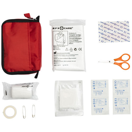 Rotes Erste-Hilfe-Set mit Verband, Schere und Pflastern von Signalshop.de, individuell gestaltbar, Werbeartikel.