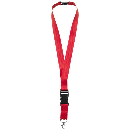 Rotes Yogi Lanyard mit Sicherheitsverschluss, individualisierbar, ideal als Werbeartikel von Signalshop.de.