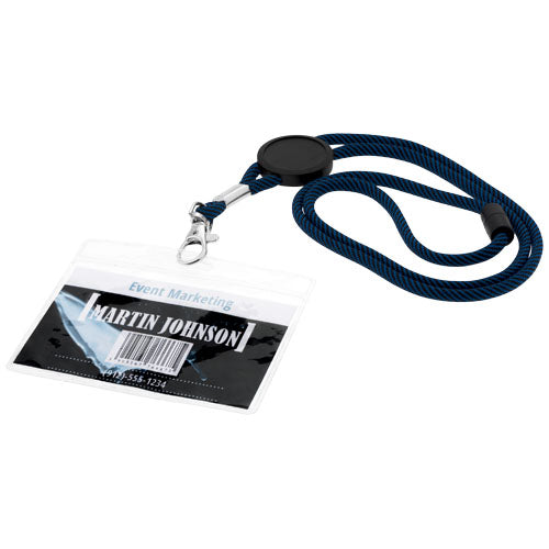 Serge durchsichtiger Ausweishalter mit blauem Schlüsselband, individuell bedruckbar, bei Signalshop.de erhältlich.
