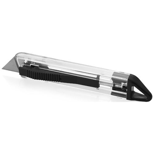 Hoost Cuttermesser aus Signalshop.de, transparent-schwarz, individuell mit Logo gestaltbar, Werbeartikel.