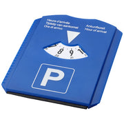 Blaue 5-in-1 Parkscheibe mit individuell bedruckbarem Logo, erhältlich bei Signalshop.de, Werbeartikel.