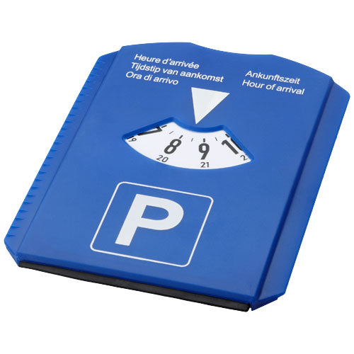 Blaue 5-in-1 Parkscheibe mit individuell bedruckbarem Logo, erhältlich bei Signalshop.de, Werbeartikel.