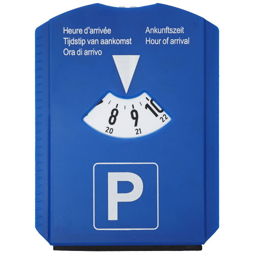 Blaue 5-in-1 Parkscheibe mit Kratzerfunktion, individuell bedruckbar, Werbeartikel von Signalshop.de.