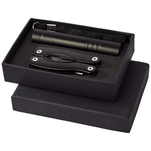 Schwarzes Scout Multifunktionswerkzeugs- und LED-Taschenlampen-Set in Box, individuell mit Logo von Signalshop.de, Werbeartikel, Giveaway.