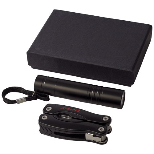 Schwarzes Scout Multifunktionswerkzeugs- und LED-Taschenlampen-Set auf Signalshop.de, individuell bedruckbar, Werbeartikel.