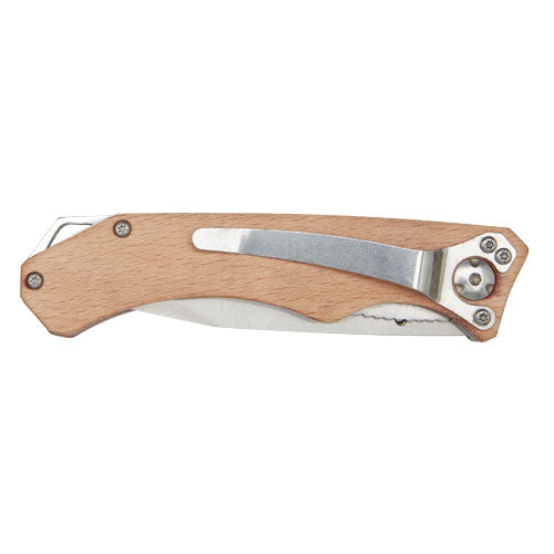 Dave Holz-Klappmesser aus Buche mit Gürtelclip, kompakt, individuell gestaltbar, ideal für Outdoor.