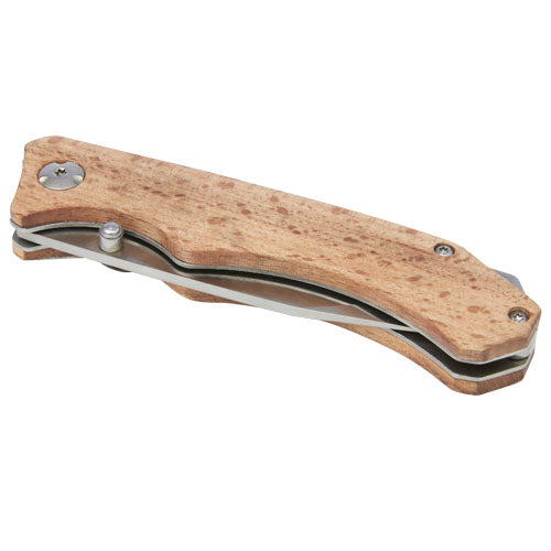 Dave Holz-Klappmesser aus Buche mit Gürtelclip, individuell gestaltbar, erhältlich bei Signalshop.de, Werbeartikel, Werbegeschenke.