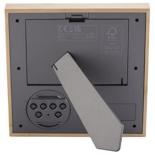 Rückseite eines Sasa Bambus Fotorahmen Tischuhr mit Thermometer von Signalshop.de, nachhaltig und individuell bedruckbar.