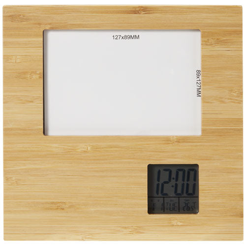 Sasa Bambus Fotorahmen Tischuhr mit Thermometer, nachhaltig, individuell gestaltbar, Signalshop.de Werbeartikel.