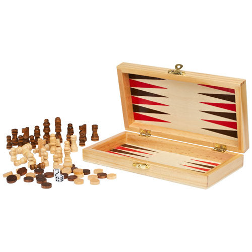 Mugo 3-in-1 Spieleset aus Holz mit Schach, Dame, Backgammon, individuell gestaltbar, bei Signalshop.de Werbeartikel.