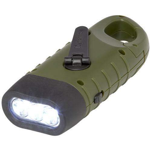 Grüne Helios Solar-Dynamo-Taschenlampe aus recyceltem Kunststoff mit Karabiner, individuell bedruckbar bei Signalshop.de. Werbeartikel, Werbegeschenke, Werbemittel, Giveaway.