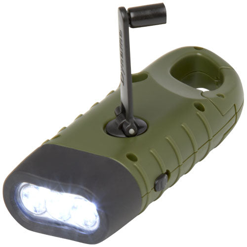 Grüne Helios Solar-Dynamo-Taschenlampe aus recyceltem Kunststoff mit Karabiner, individuell bedruckbar. Signalshop.de Werbeartikel.