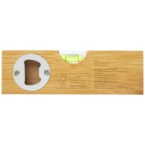 Flush Wasserwaage aus Bambus mit Flaschenöffner, individuell bedruckbar, Signalshop.de Werbeartikel.