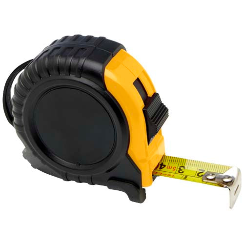 Schwarzes und gelbes 5-Meter-Maßband, individuell bedruckbar, von Signalshop.de, ideal als Werbeartikel.