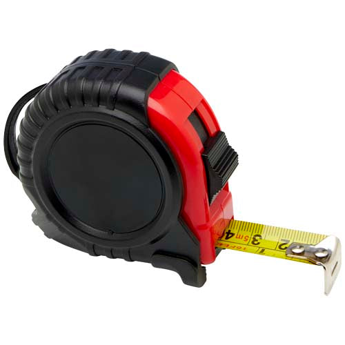 Schwarzes und rotes 5-Meter-Maßband, individuell bedruckbar, erhältlich bei Signalshop.de. Werbeartikel, Werbegeschenke, Werbemittel, Giveaway.