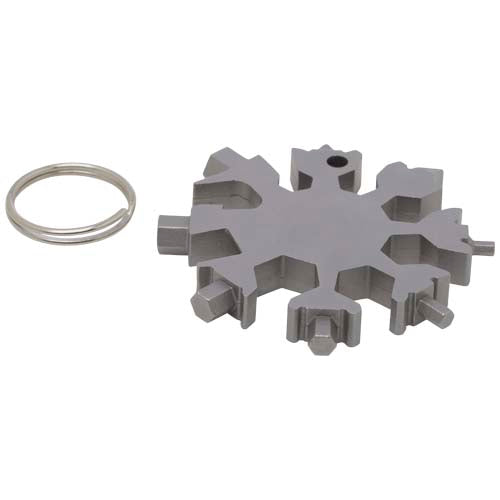 Graues Task Multitool in Schneeflockenform aus Metall, individuell gestaltbar, bei Signalshop.de, ideal als Werbeartikel.