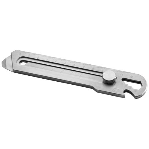 Silbernes Linear Cuttermesser aus Metall, individuell gestaltbar mit Logo, von Signalshop.de; Werbeartikel, Werbegeschenke, Werbemittel, Giveaway.