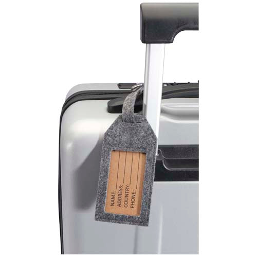 Grauer Filz-Gepäckanhänger auf Koffer, individuell mit Logo gestaltbar, Signalshop.de Werbeartikel Giveaway.