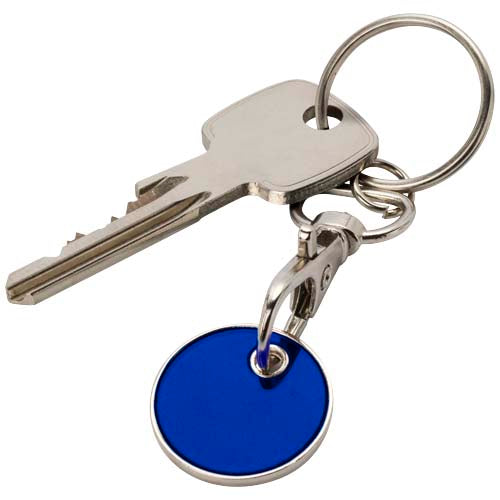 Blauer Rory Schlüsselanhänger mit Trolley-Münze aus Metall, individuell gestaltbar bei Signalshop.de, Werbeartikel.