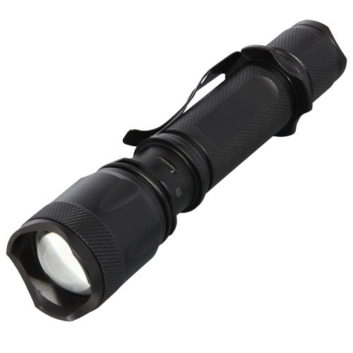 Mears wiederaufladbare 5W taktische Taschenlampe aus schwarzem Material, individuell mit Logo gestaltbar, Signalshop.de Werbeartikel.
