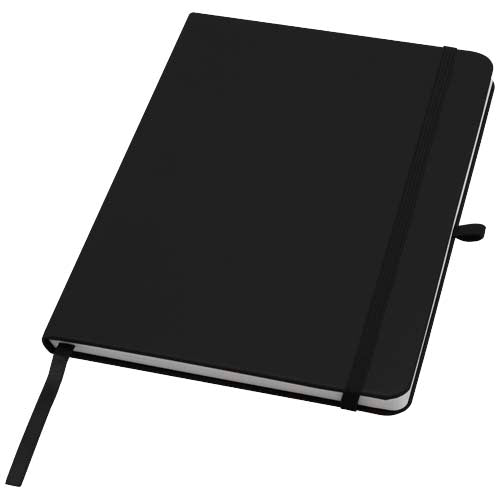 Teak A5 Hardcover Notizbuch aus recyceltem Material, schwarz, individuell mit Logo von Signalshop.de bedruckt. Werbeartikel, Werbegeschenke, Werbemittel, Giveaway.