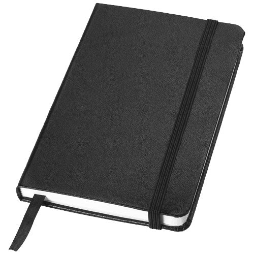 Schwarzes A6 Notizbuch mit festem Einband und Gummiband, individuell gestaltbar bei Signalshop.de, Werbeartikel.