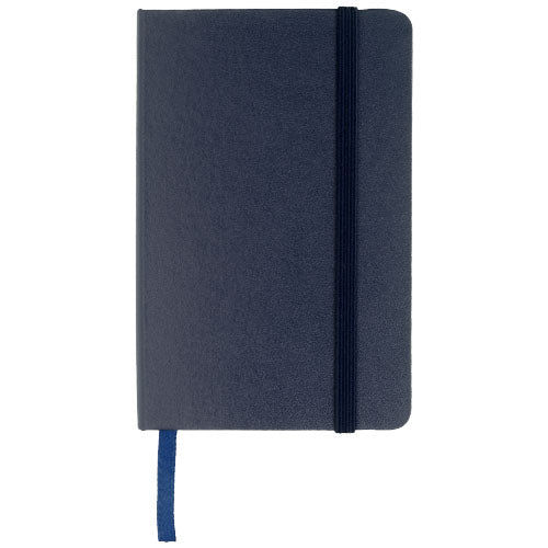Blaues A6 Notizbuch mit festem Einband, Gummiband und Lesezeichen, individuell bedruckbar bei Signalshop.de. Werbeartikel, Werbegeschenke, Werbemittel, Giveaway.