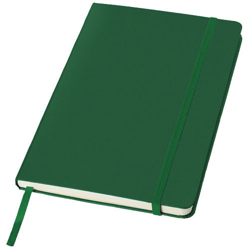 Grünes A5 Notizbuch mit festem Einband, individuell mit Logo gestaltbar, bei Signalshop.de als Werbeartikel erhältlich.