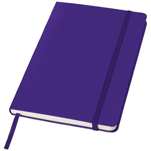 Lila A5 Notizbuch mit Hardcover und Gummiband, individuell bedruckbar, erhältlich bei Signalshop.de als Werbeartikel, Werbegeschenk, Werbemittel, Giveaway.