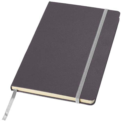 Graues A5 Notizbuch mit Hardcover und Gummiband, individuell bedruckbar bei Signalshop.de, Werbeartikel, Werbegeschenke.