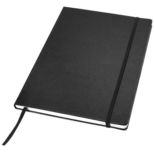 Schwarzes A4 Notizbuch mit festem Einband, individuell gestaltbar mit Logo, von Signalshop.de, idealer Werbeartikel.