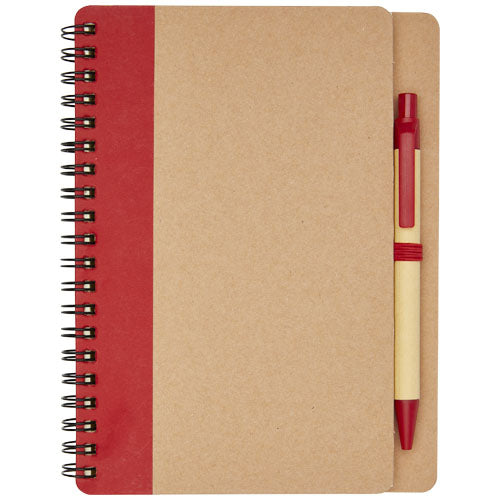A6 Recycling Notizbuch in Braun mit rotem Stift, individuell bedruckbar. Signalshop.de Werbeartikel.