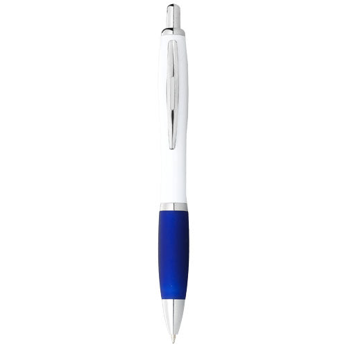 Weißer Nash Kugelschreiber mit blauem Griff, individuell bedruckbar. Signalshop.de Werbeartikel, Werbegeschenke.