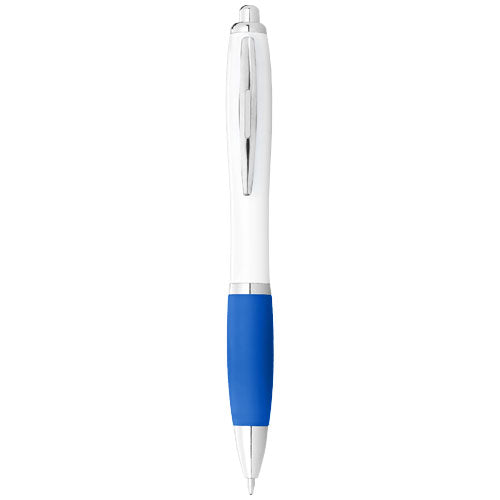 Weißer Nash Kugelschreiber mit blauem Griff, individuell gestaltbar, bei Signalshop.de als Werbeartikel erhältlich.