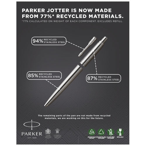 Parker Jotter Edelstahl Kugelschreiber mit blauer Mine, 77% recycelt, individuell gestaltbar, erhältlich bei Signalshop.de, Werbeartikel, Werbegeschenke, Werbemittel, Giveaway.