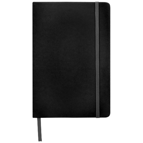 Schwarzes A5 Notizbuch mit elastischem Band, ideal als individuell bedruckbares Werbemittel von Signalshop.de.