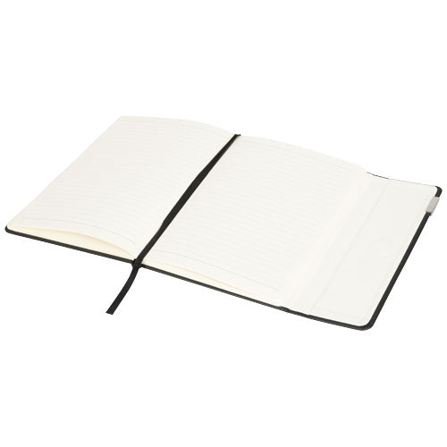 A5-Notizbuch mit offener schwarzer Hülle, individuell gestaltbar, ideal als Werbeartikel von Signalshop.de.