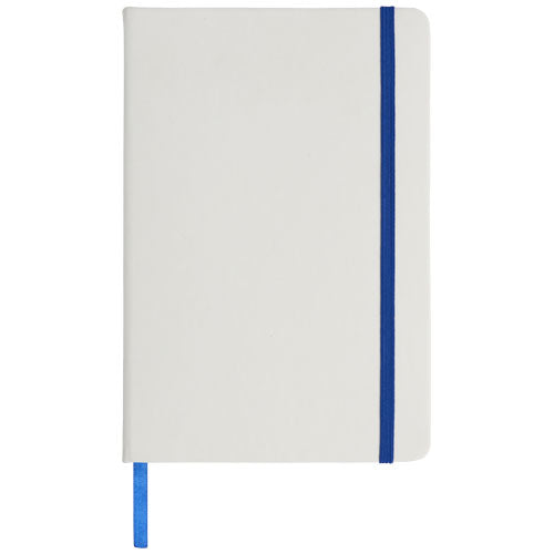 Weißes A5 Notizbuch mit blauem Gummiband, individuell gestaltbar, verfügbar bei Signalshop.de, Werbeartikel, Werbegeschenke.