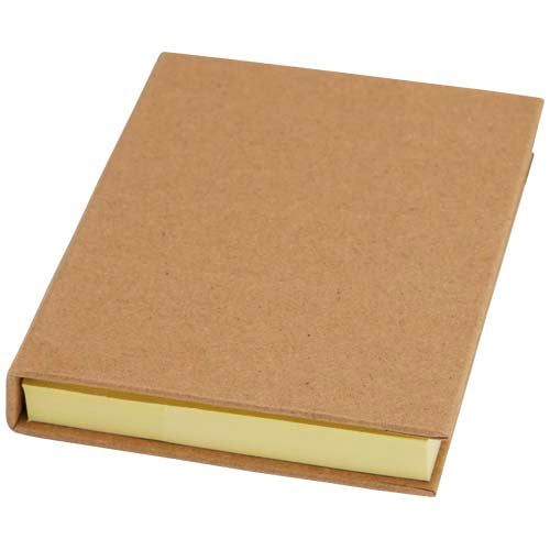 Sandal Zettelblock aus braunem Karton mit gelben Haftnotizen, individuell bedruckbar, Signalshop.de Werbeartikel.