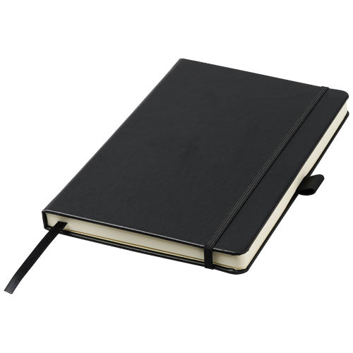 Schwarzes Nova A5 gebundenes Notizbuch mit Schleife, ideal als Werbeartikel bei Signalshop.de, individuell gestaltbar.