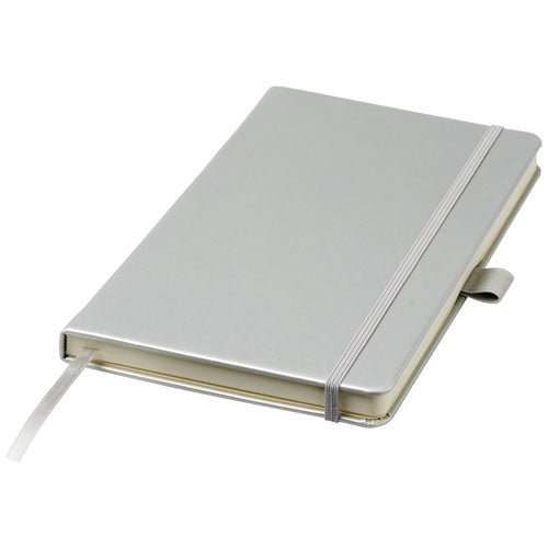 Nova A5 gebundenes Notizbuch in Grau mit elastischer Schleife, individuell bedruckbar bei Signalshop.de, ideal als Werbeartikel.