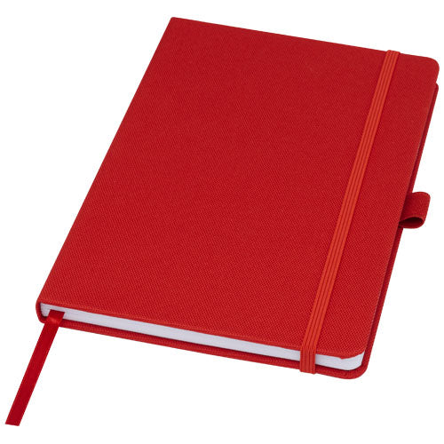 Rotes Honua A5 Notizbuch aus recyceltem Papier mit PET-Cover, individuell bedruckbar bei Signalshop.de Werbeartikel.