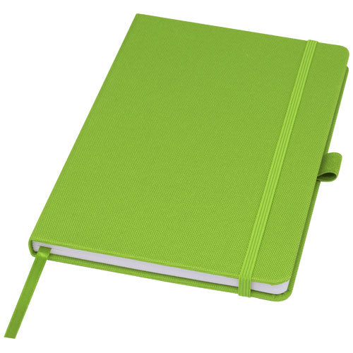Grünes A5 Notizbuch aus recyceltem Papier mit PET-Cover von Signalshop.de, individuell bedruckbar, Werbeartikel.