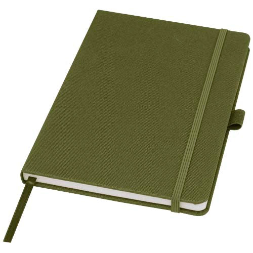 Grünes A5 Notizbuch aus recyceltem PET, individuell bedruckbar, von Signalshop.de für Werbeartikel und Werbegeschenke.