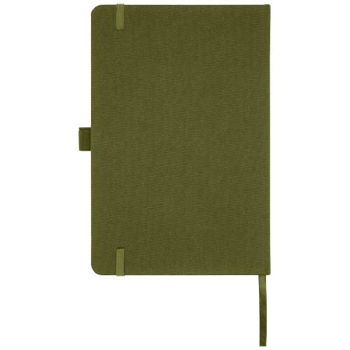 Grünes A5 Notizbuch aus recyceltem PET mit Logo-Druckfläche, individuell gestaltbar. Signalshop.de Werbeartikel.