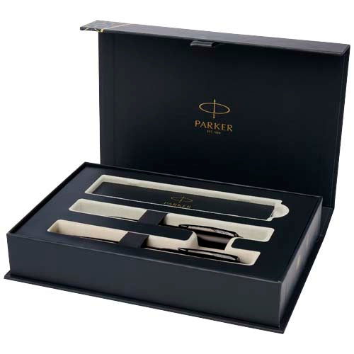 Parker IM Set mit Kugelschreiber und Tintenroller in schwarzer Präsentbox von Signalshop.de, ideal als Werbeartikel.