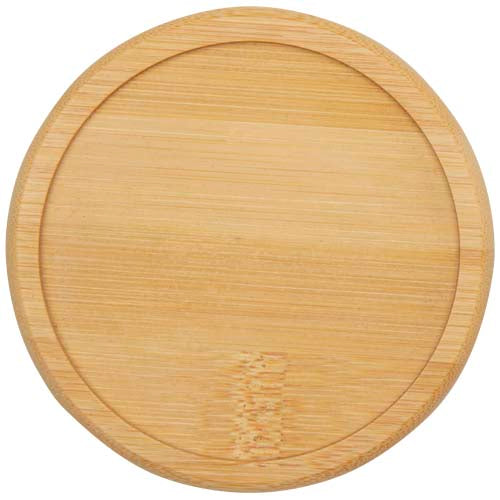 Runder Untersetzer aus hellem Holz, individualisierbar mit Logo, Signalshop.de Werbeartikel Giveaway.