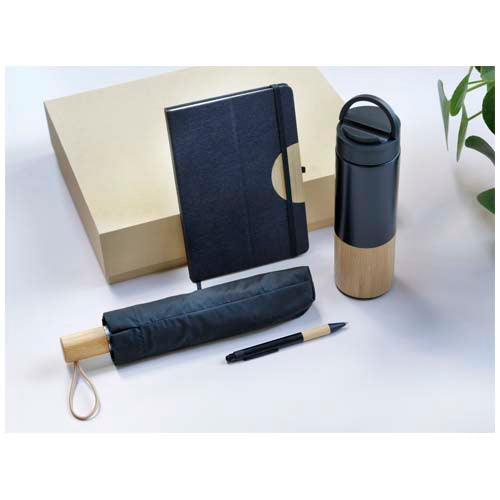 Carmen A5 Notizbuch und Kugelschreiber Set mit Flasche und Schirm, individuell bedruckbar, Signalshop.de Werbeartikel
